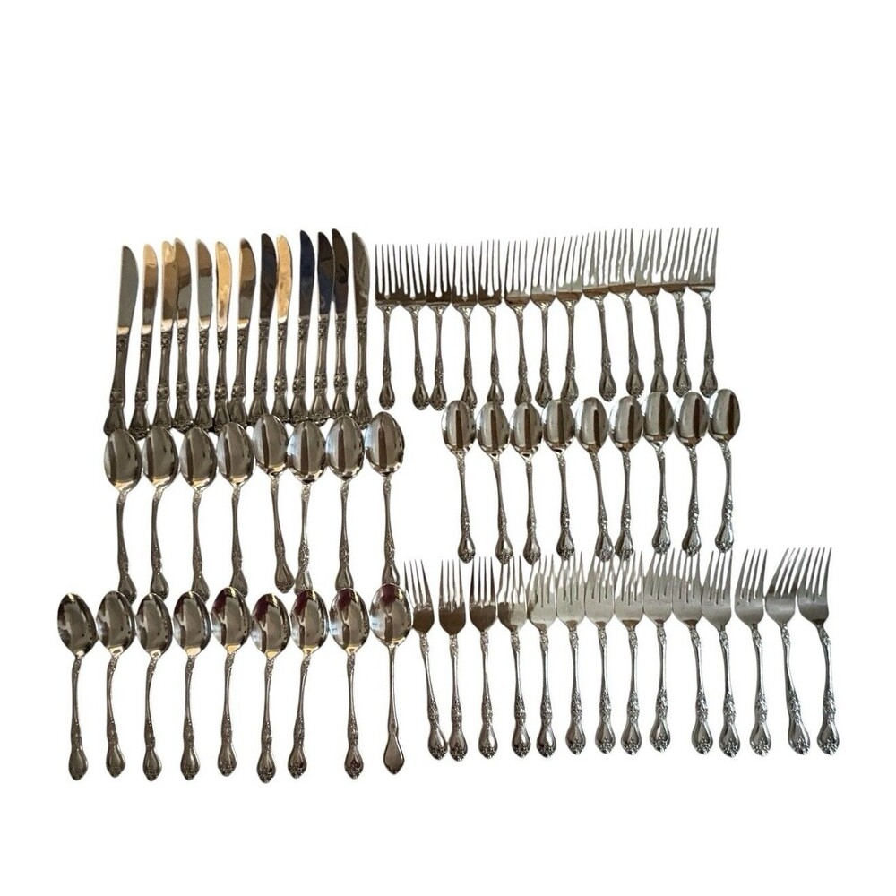 66 Piece Rogers Rose Pattern Stainless Flatware Silverware Korea Service 9-12